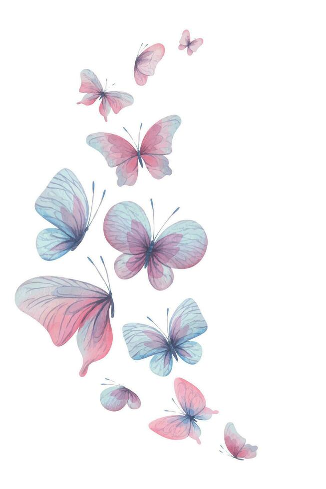 Butterflies are pink, blue, lilac, flying, delicate with wings and splashes of paint. Hand drawn watercolor illustration. Motion composition on a white background, for design. vector