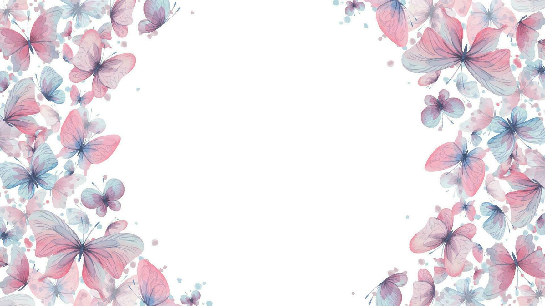 Butterflies are pink, blue, lilac, flying, delicate with wings and splashes of paint. Hand drawn watercolor illustration. Frame, banner, template on a white background, for design. vector