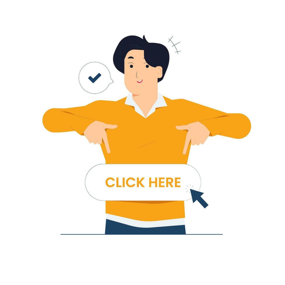 Man pointing index fingers below down place for commercial idea with happy expression, showing advices to use this copy space concept illustration vector