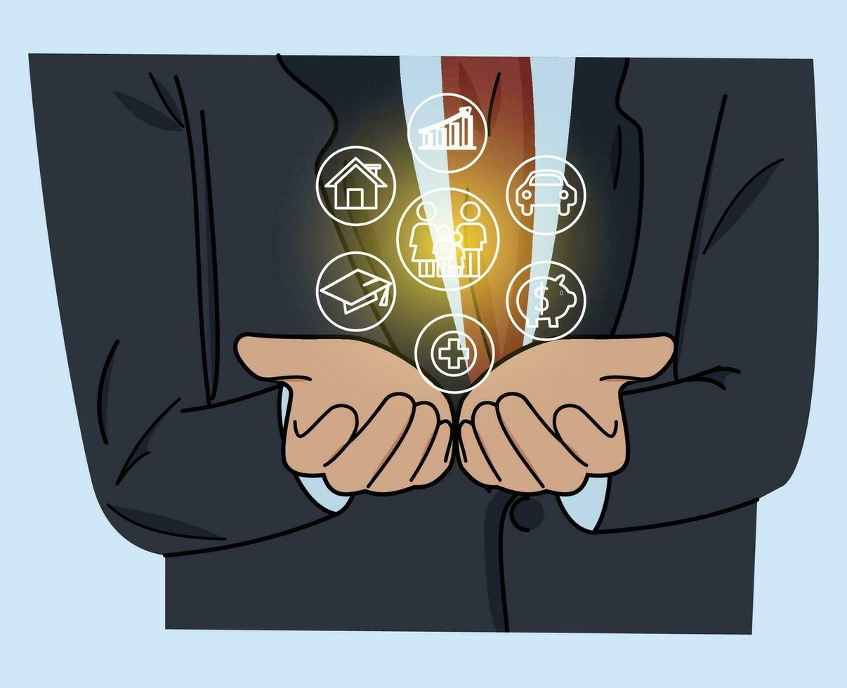 businessman holding insurance icon and secure assurance for future family vector