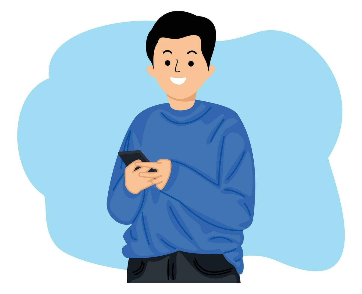 joven hombre participación móvil teléfono mirando a teléfono inteligente y mecanografía mensaje vector