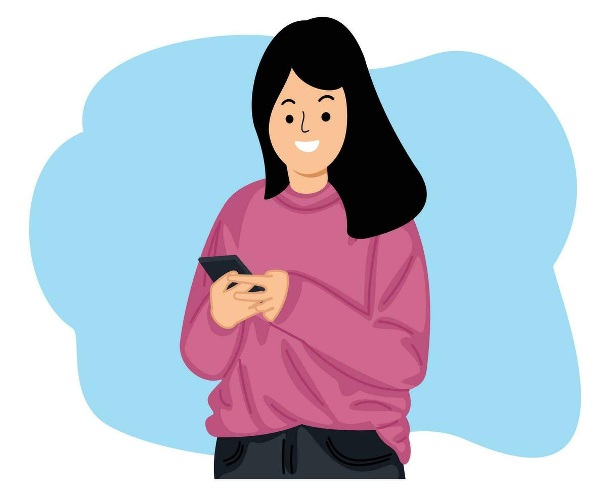 young woman holding mobile phone looking at smartphone and typing message vector