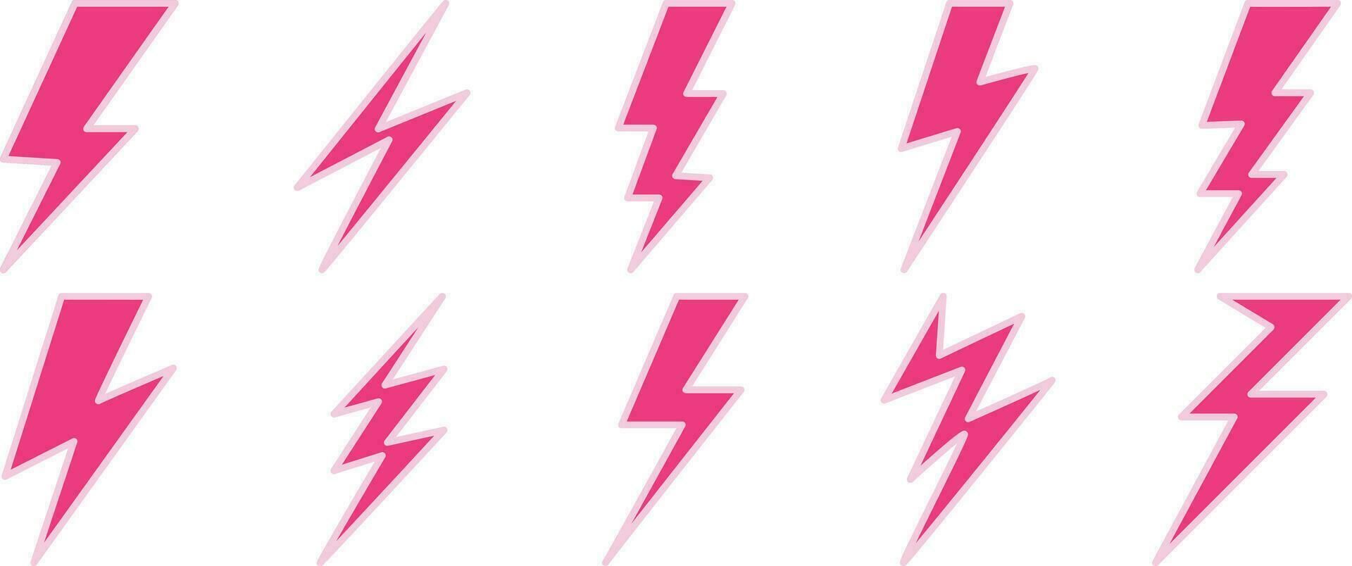 Set of lightning bolt, electricity, and storm icons in pink on a white background. Vector illustration.