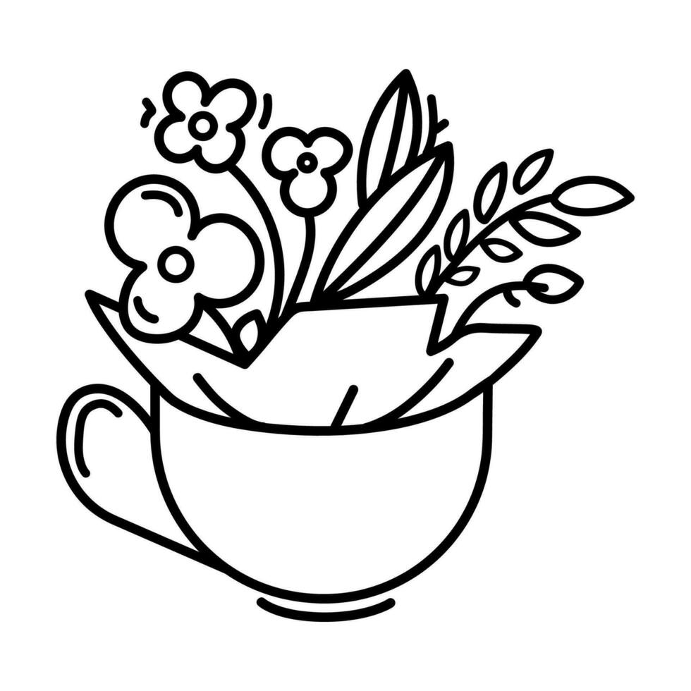 taza con flores dentro línea logo icono concepto.vector ilustración de un taza de café o té con flores creciente desde es.simple línea diseño para café tienda, flor tienda idea vector