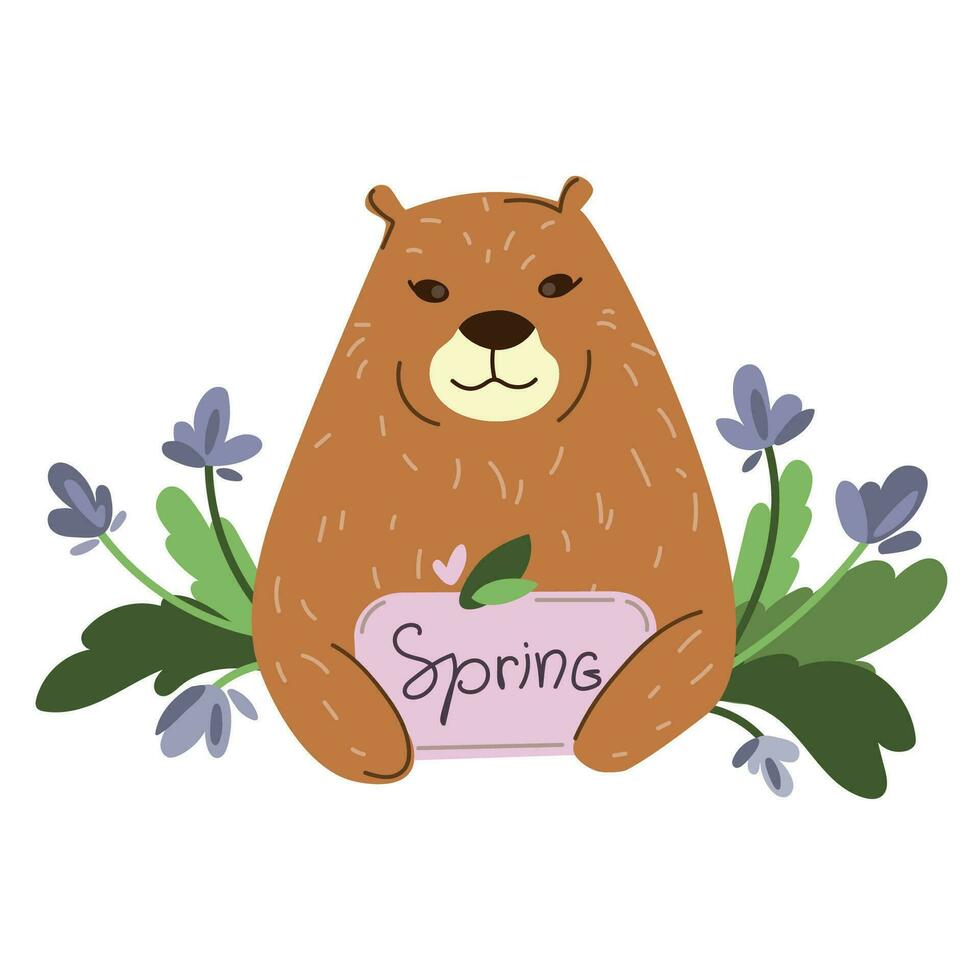 Cute groundhog with spring flowers and leaves.Happy Groundhog day concept.Vector simple illustration in cartoon style vector