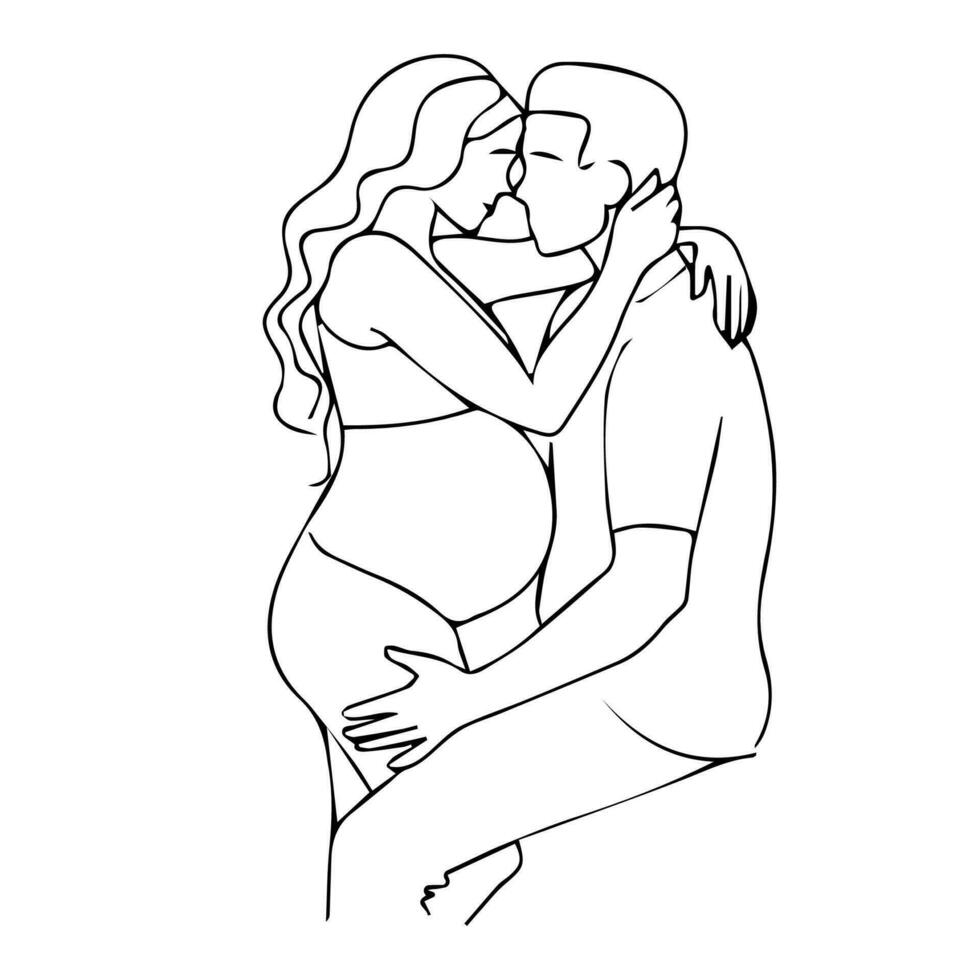Pregnant woman with husband. Hand drawn style vector silhouette  illustrations.