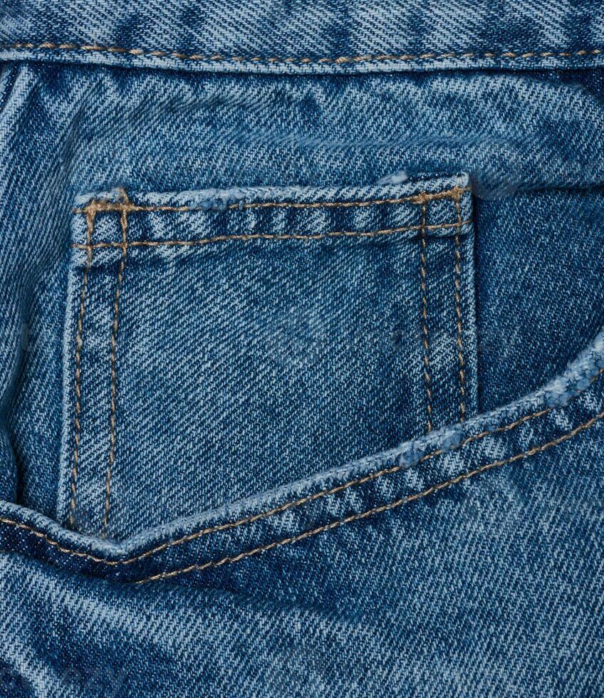 Blue jeans front pocket with buttons, close up photo