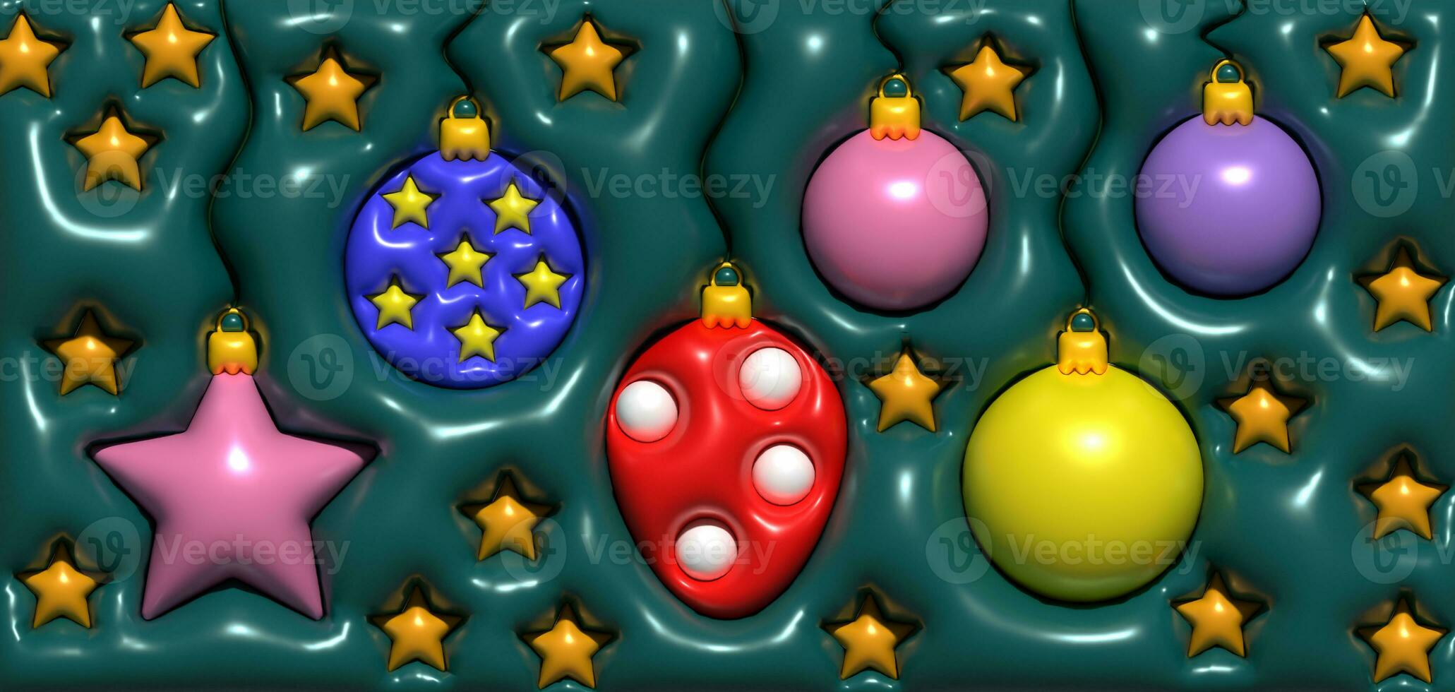 New Year's decor balls and figurines on a green background, 3D rendering illustration photo