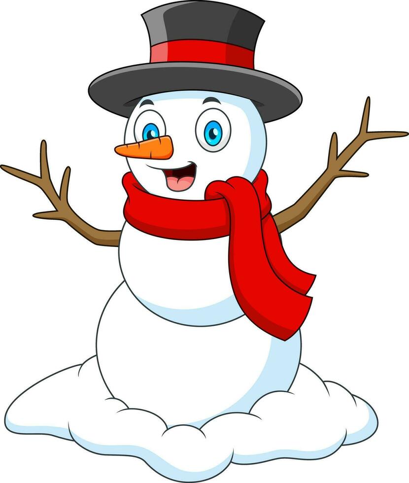 Cartoon illustration of a cute snowman with a hat and scarf vector