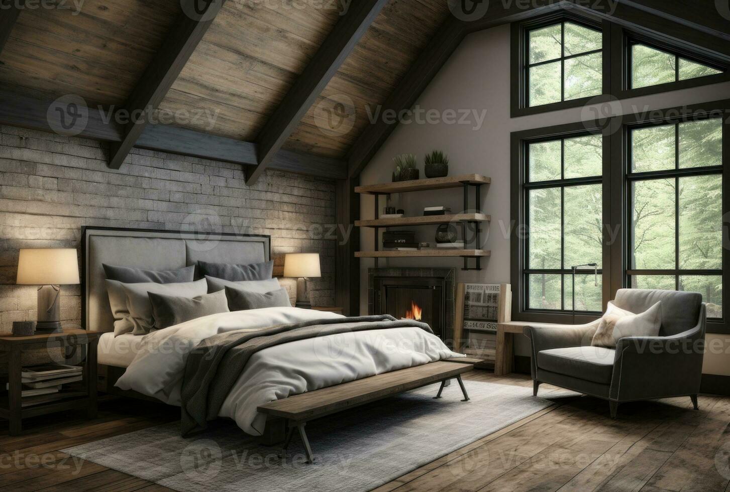 Dark Attic Master Bedroom With Large Windows Luxurious Studio Dark Attic Master Bedroom With Large Windows Luxurious Studio Apartment In Loft Style In Dark Colors Ai Generated Photo