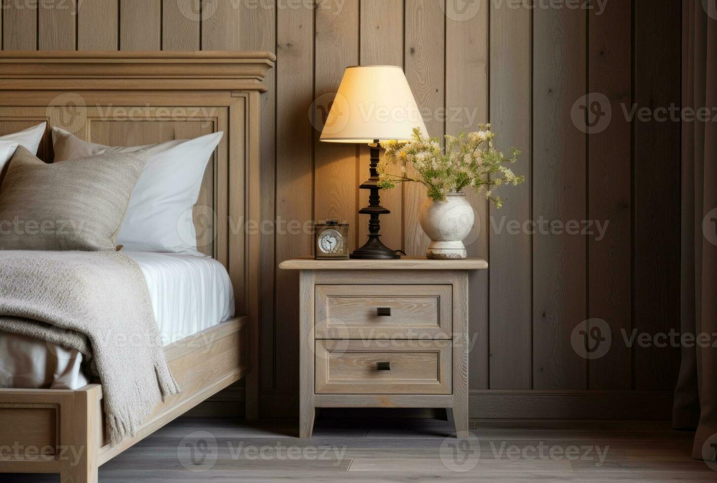 Bedside cabinet emphasizes the bedside next to the wooden wall. French style interior design of a modern bedroom AI Generated. photo