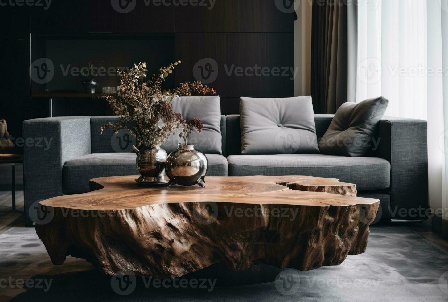 Modern living room interior with sofa, lamp, table AI Generated