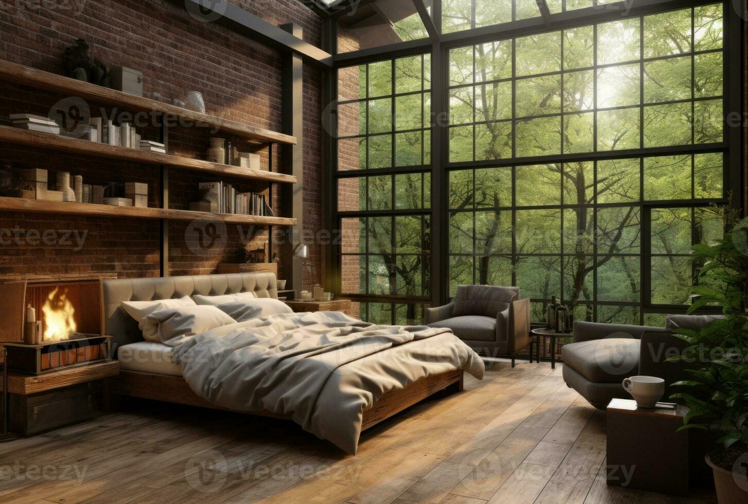 Dark attic master bedroom with large windows. Luxurious studio apartment in loft style in dark colors AI Generated. photo