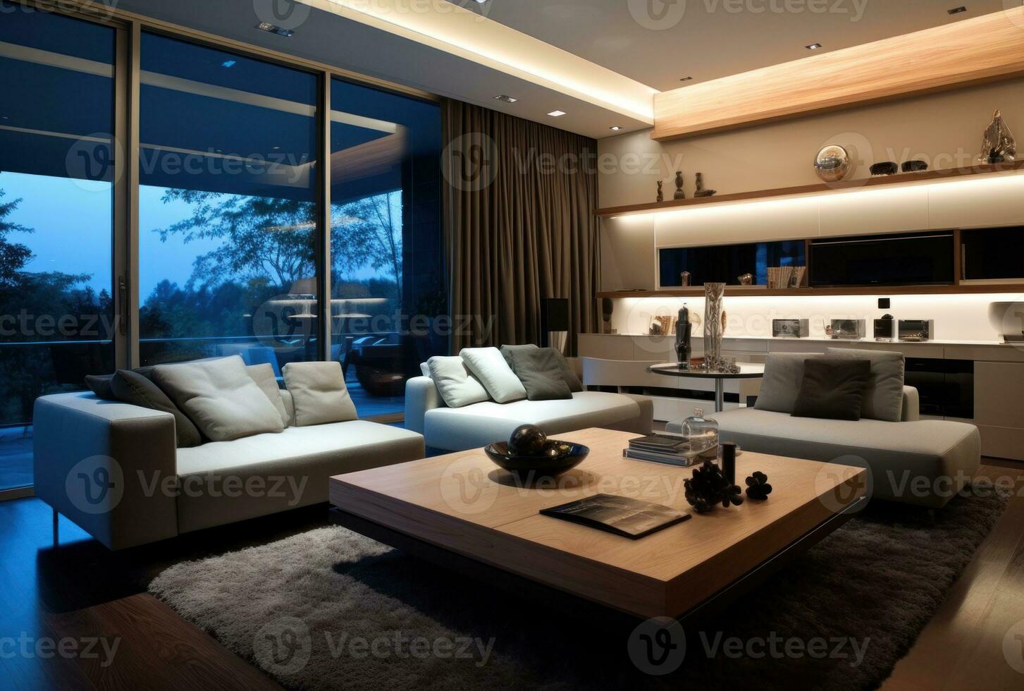 Room in a modern style with wooden walls. large window with curtains, wooden stand with decorative figure AI Generated. photo