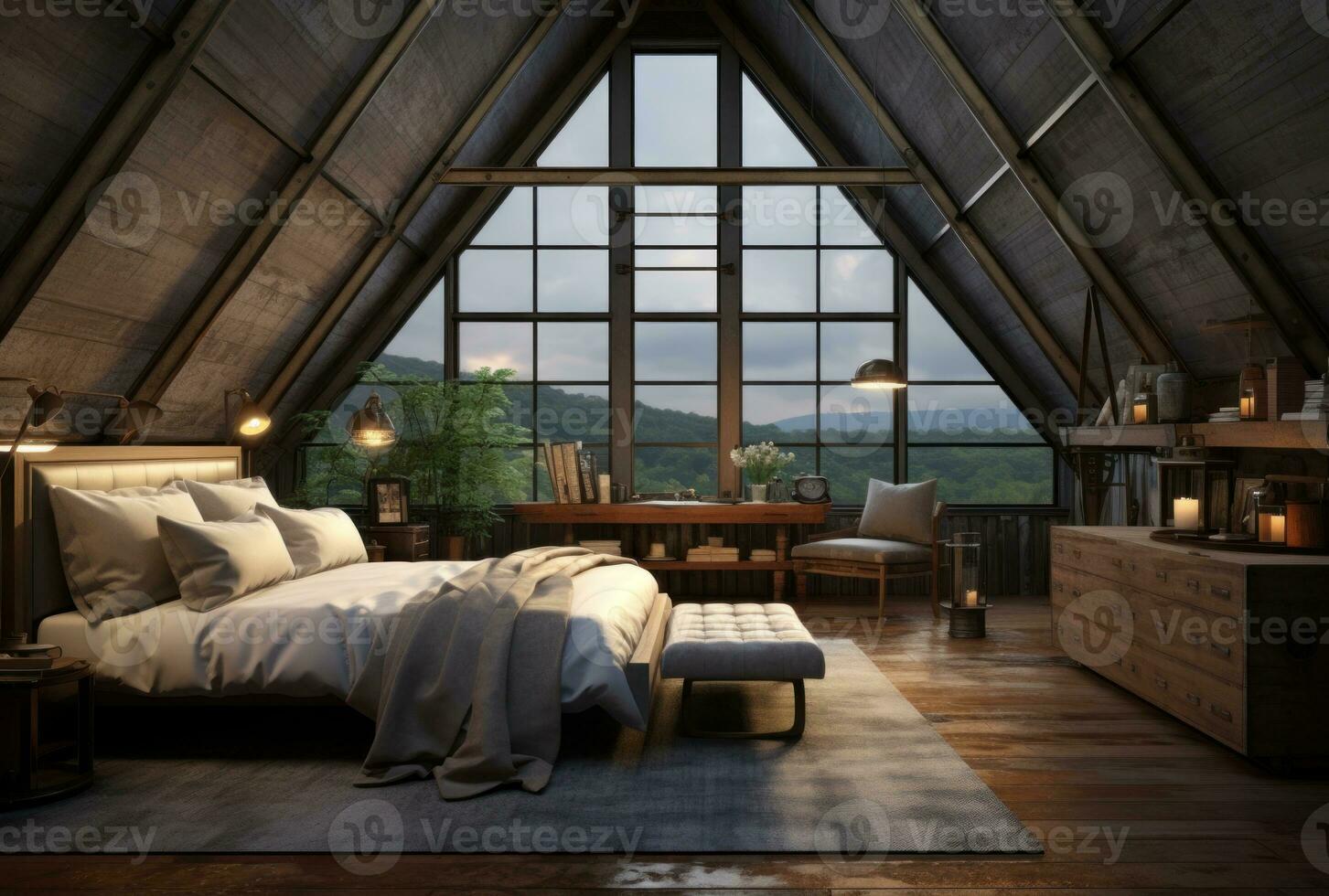 Dark attic master bedroom with large windows. Luxurious studio apartment in loft style in dark colors AI Generated. photo