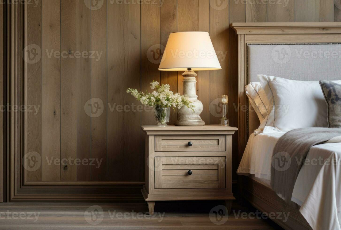 Bedside cabinet emphasizes the bedside next to the wooden wall. French style interior design of a modern bedroom AI Generated. photo