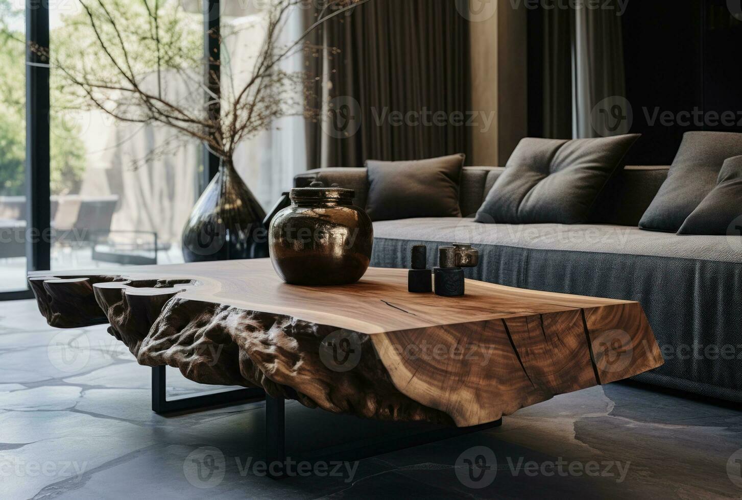 Modern living room interior with sofa, lamp, table AI Generated