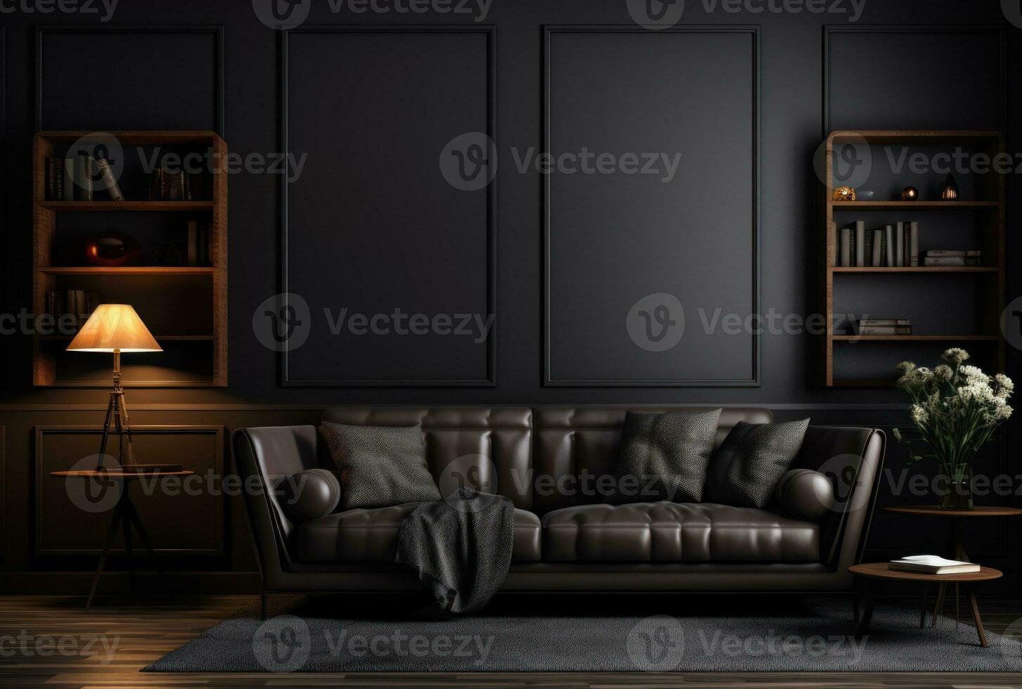 Interior background of a cozy dark living room AI Generated. photo
