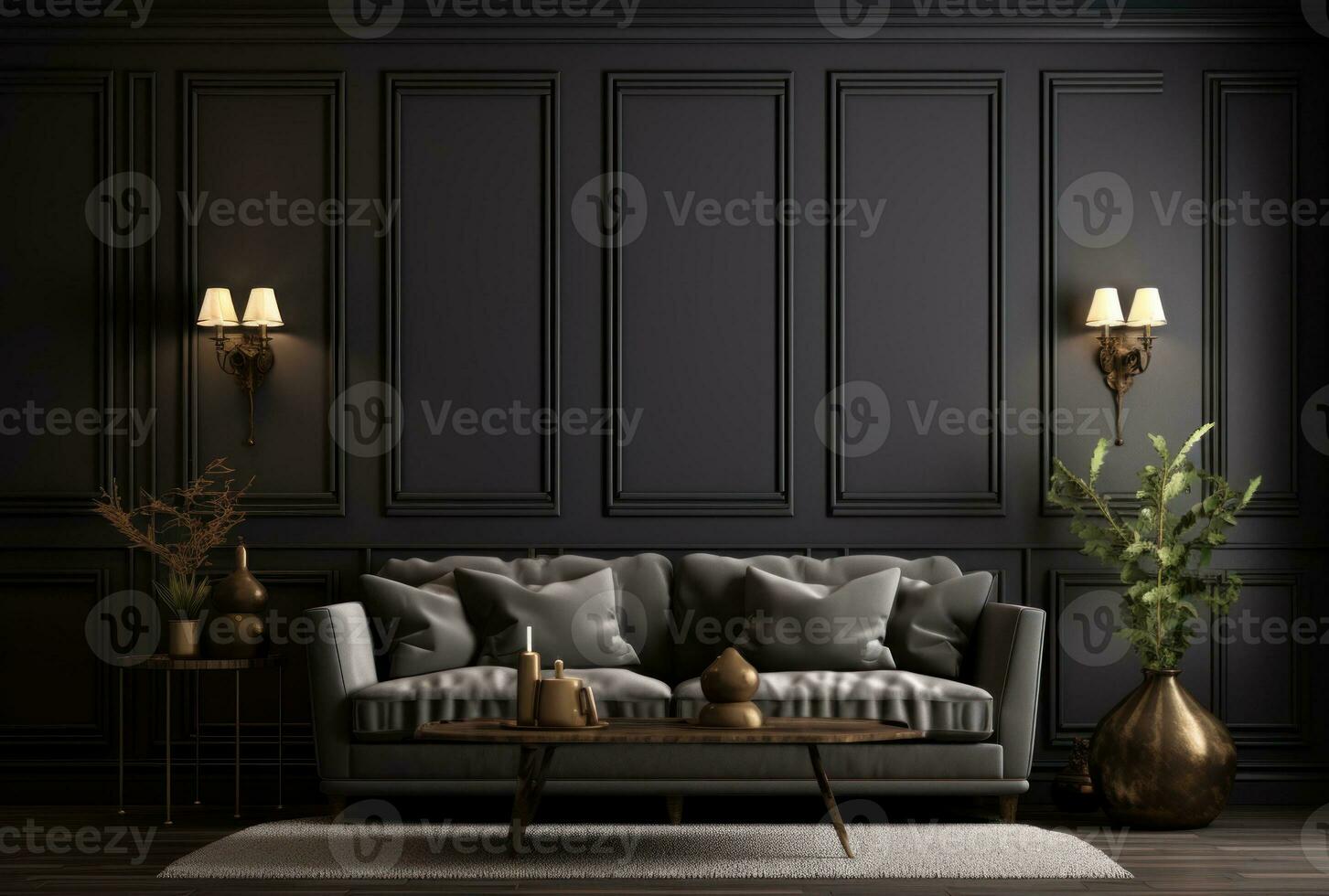 Interior background of a cozy dark living room AI Generated. photo