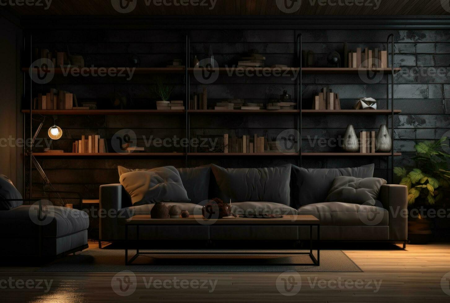 Interior background of a cozy dark living room AI Generated. photo