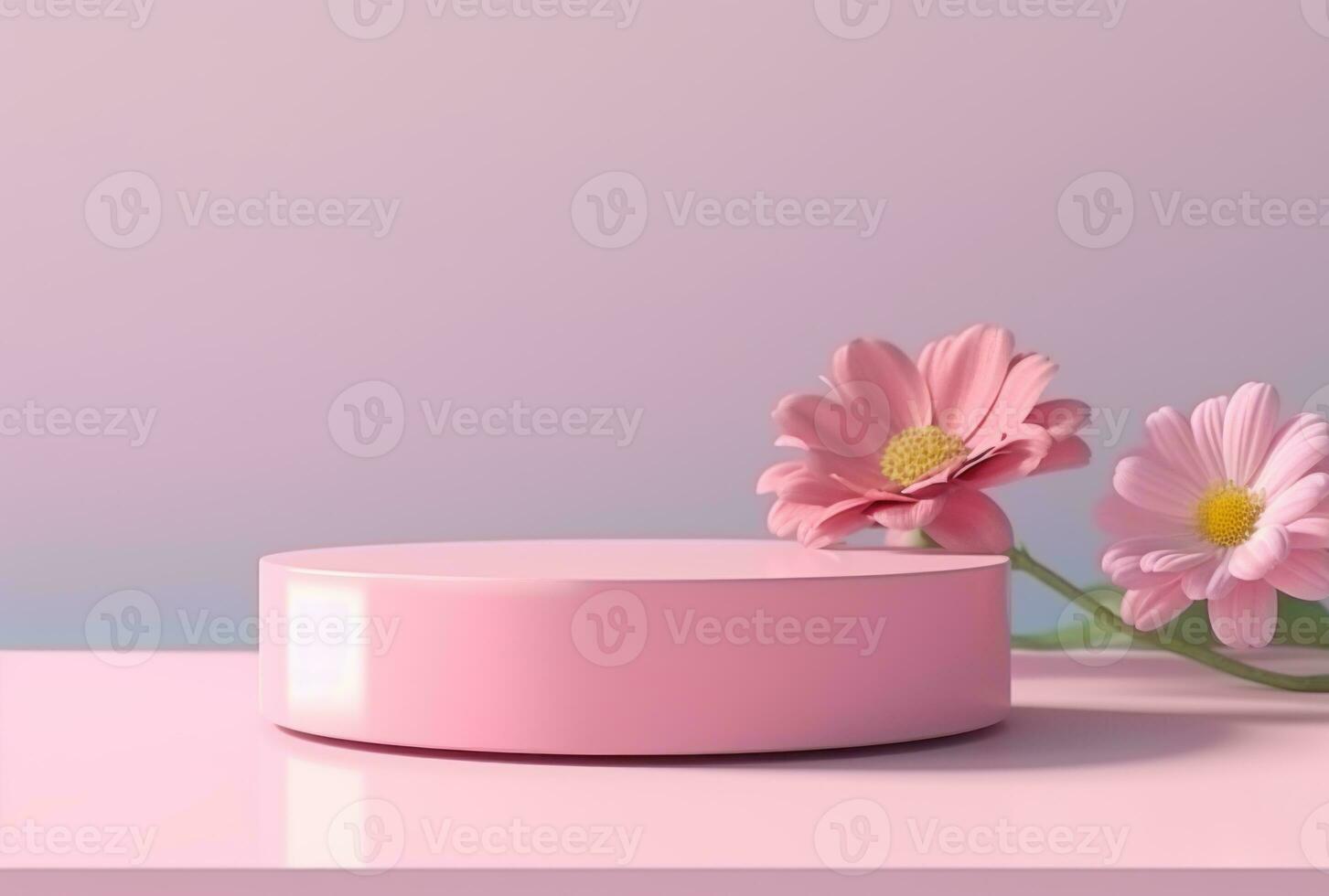 3D background, pink podium. Round display, pink flower AI Generated. photo