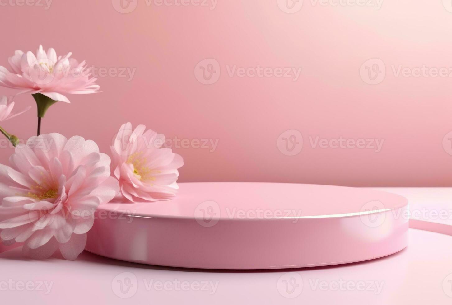 3D background, pink podium. Round display, pink flower AI Generated. photo