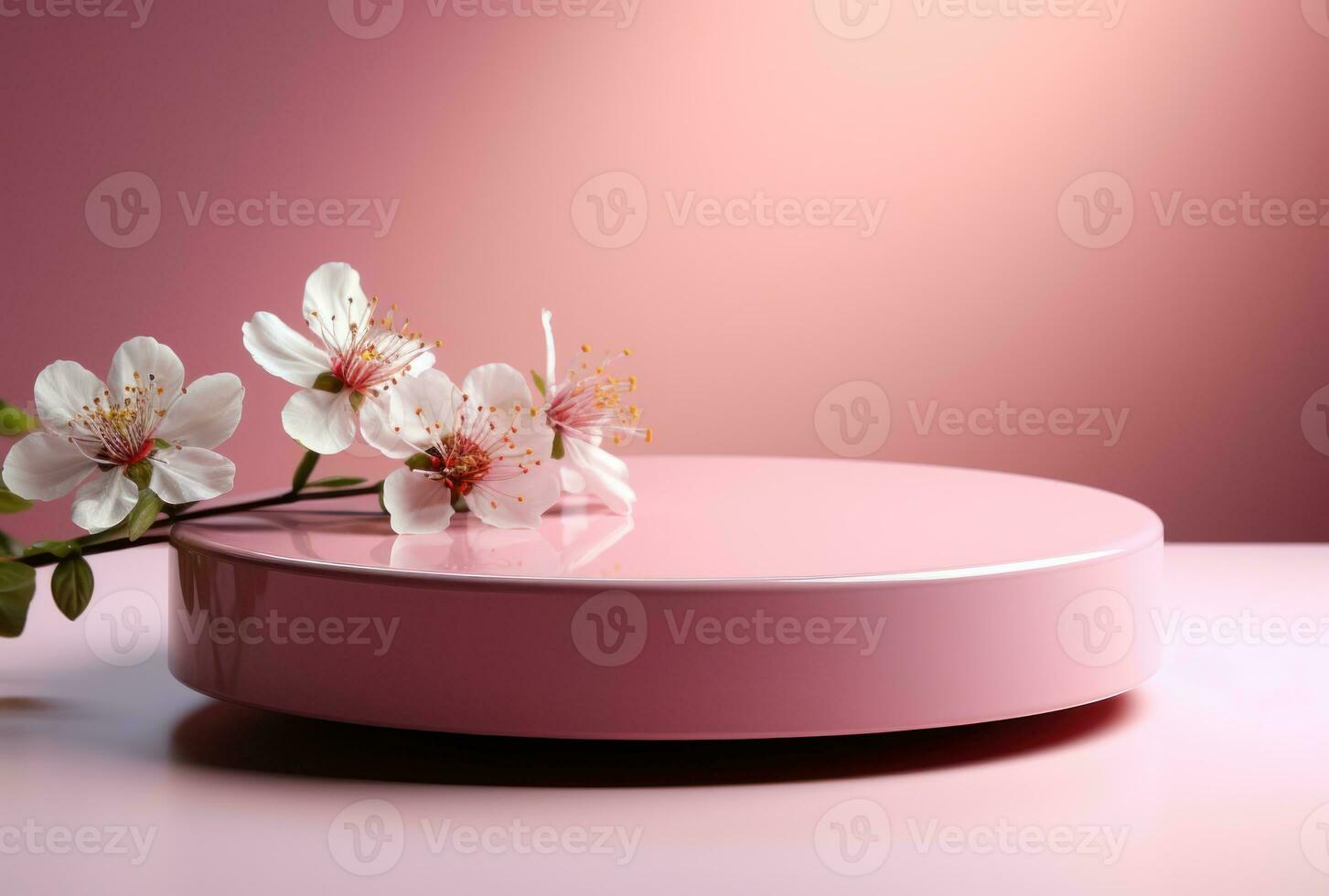 3D background, pink podium. Round display, pink flower AI Generated. photo
