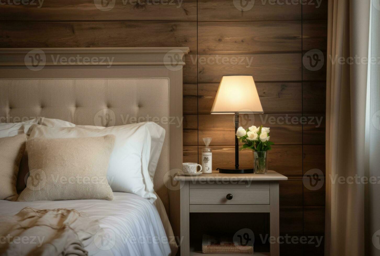 Bedside cabinet emphasizes the bedside next to the wooden wall. French style interior design of a modern bedroom AI Generated. photo