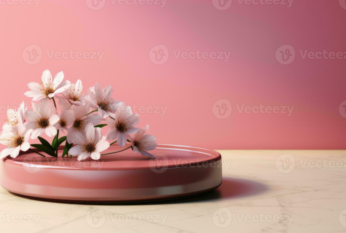 3D background, pink podium. Round display, pink flower AI Generated. photo
