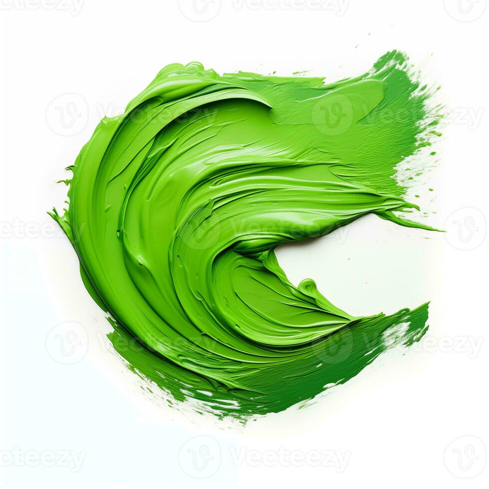 un frotis de verde acrílico pintar. un cepillo carrera de pintar en un blanco antecedentes. ai generativo foto