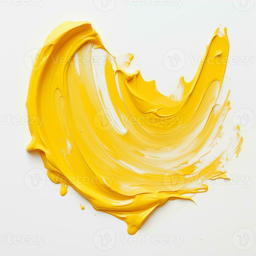 un frotis de amarillo acrílico pintar. un cepillo carrera de pintar en un blanco antecedentes. ai generativo foto