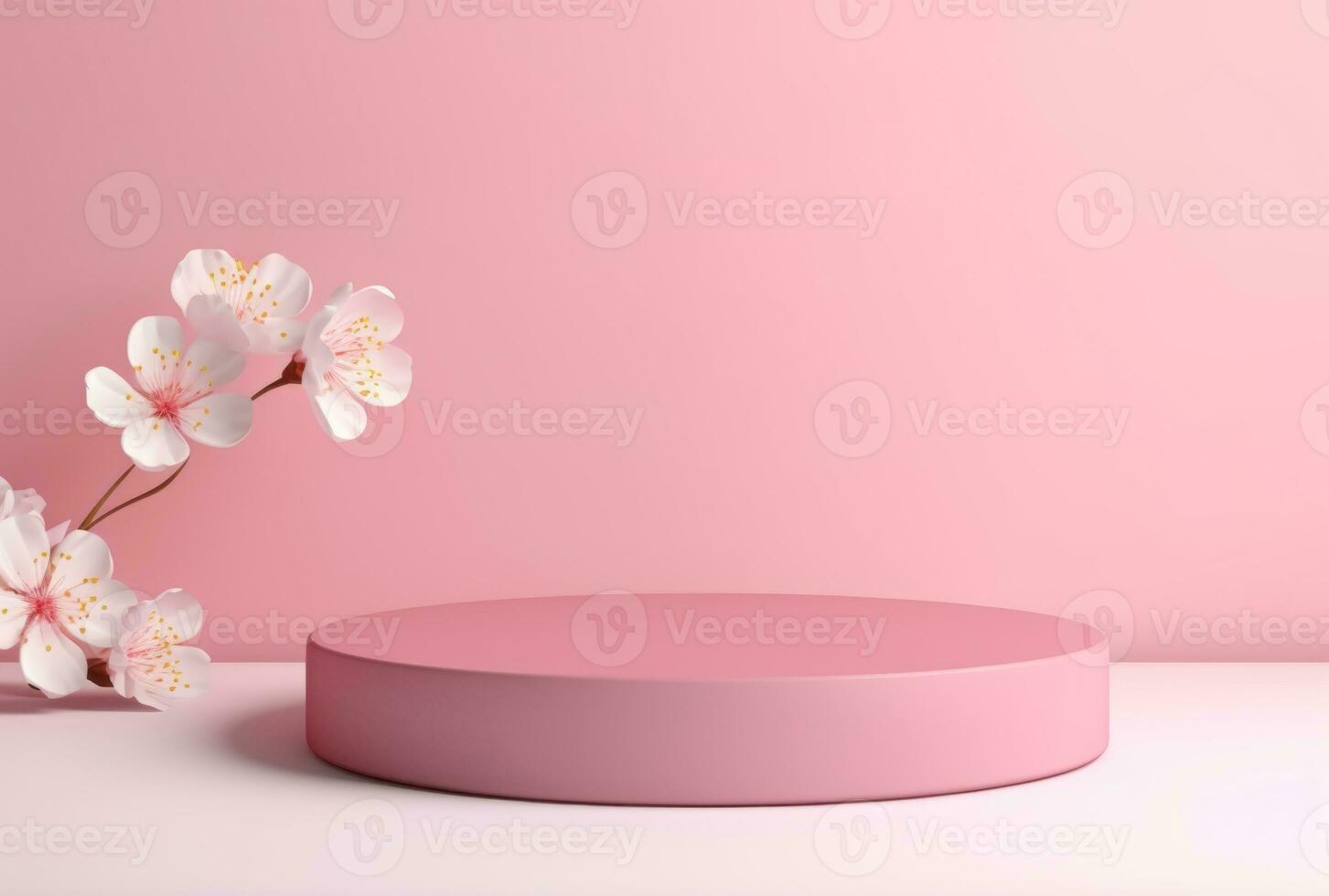3D background, pink podium. Round display, pink flower AI Generated. photo