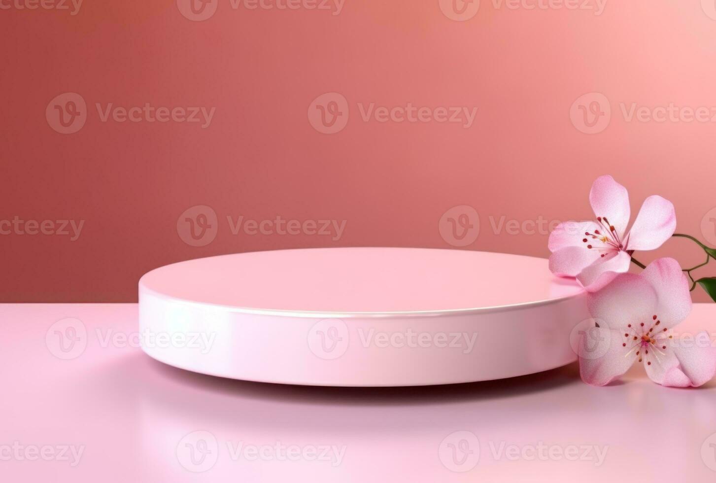 3D background, pink podium. Round display, pink flower AI Generated. photo