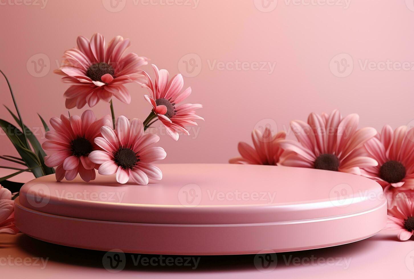 3D background, pink podium. Round display, pink flower AI Generated. photo