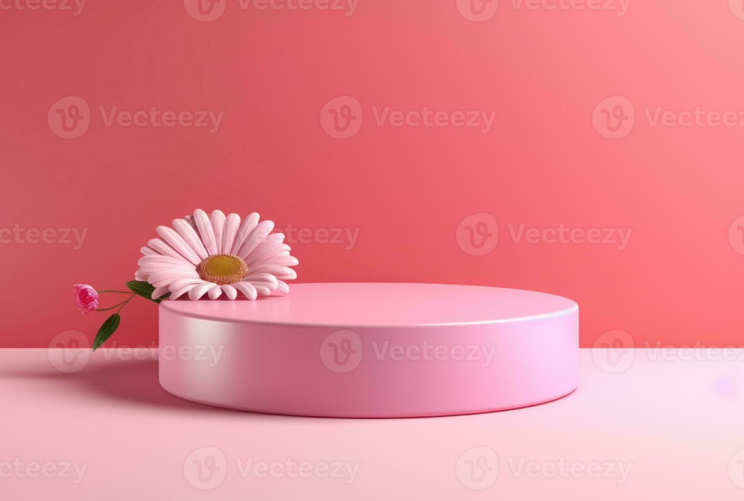3D background, pink podium. Round display, pink flower AI Generated. photo