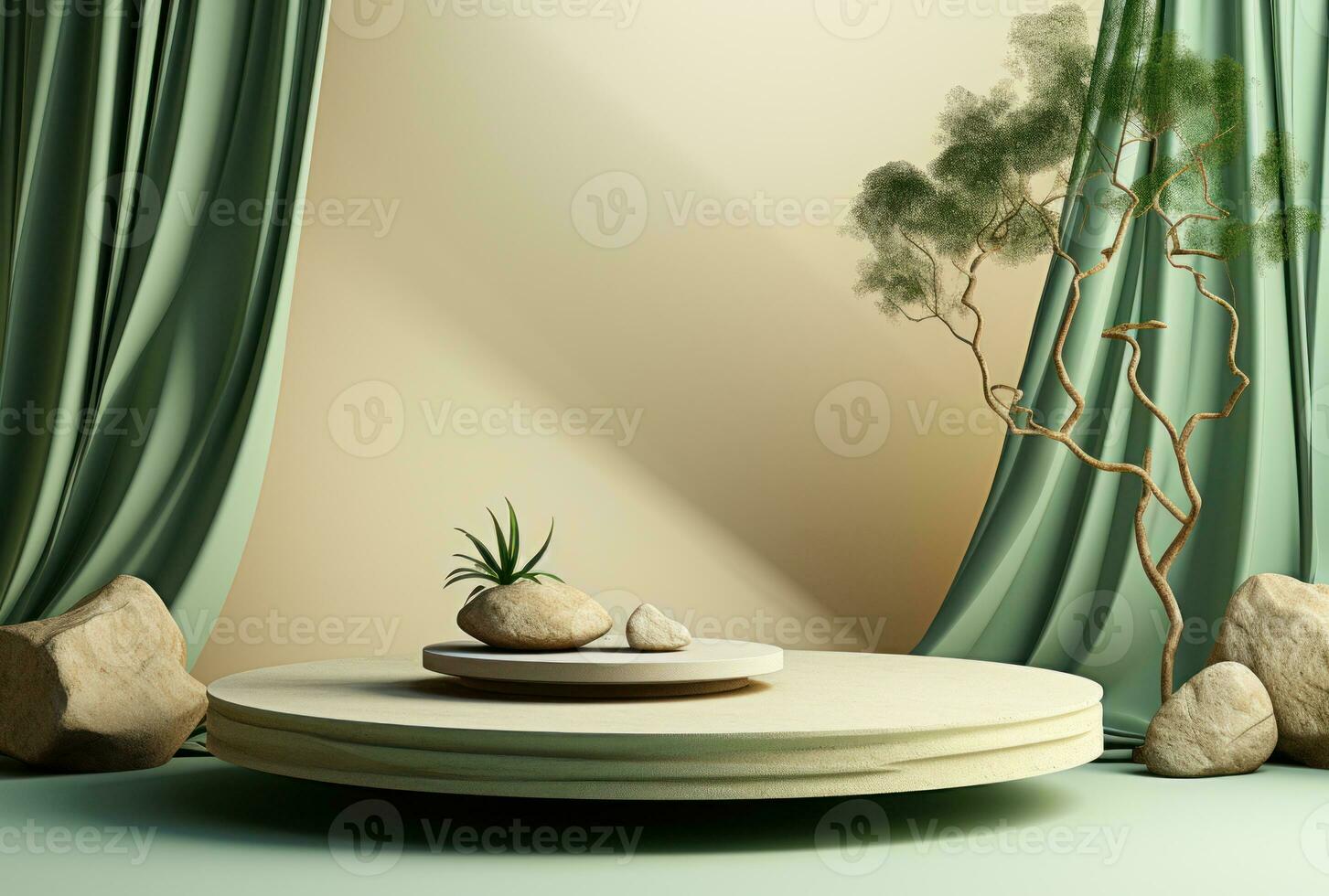 3D background, stone pedestal podium on natural beige, pastel green backdrop AI Generated. photo