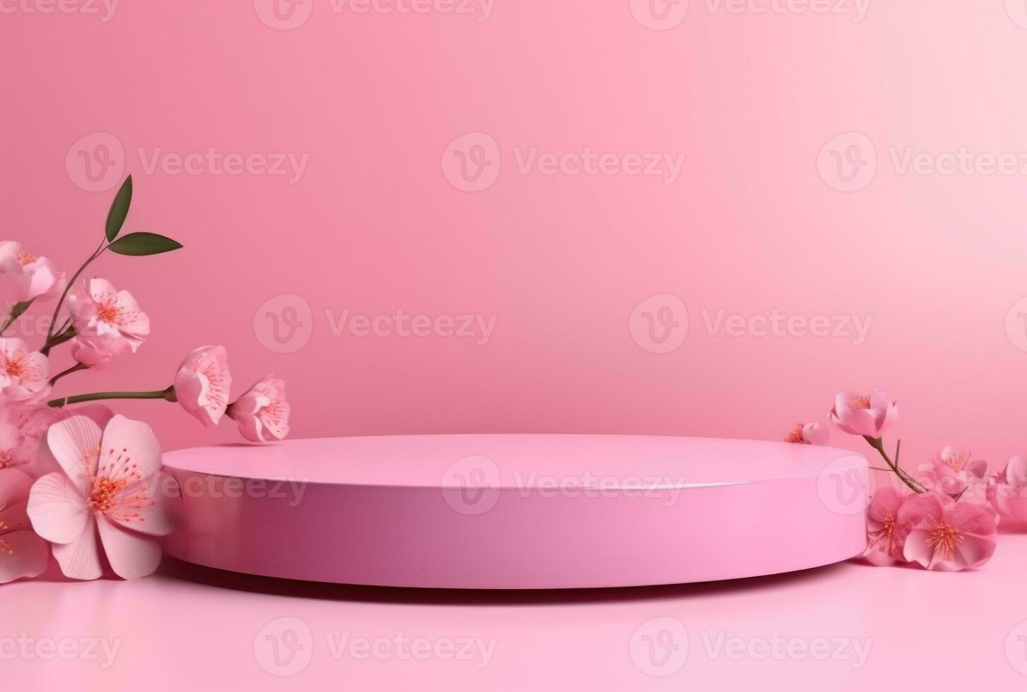 3D background, pink podium. Round display, pink flower AI Generated. photo