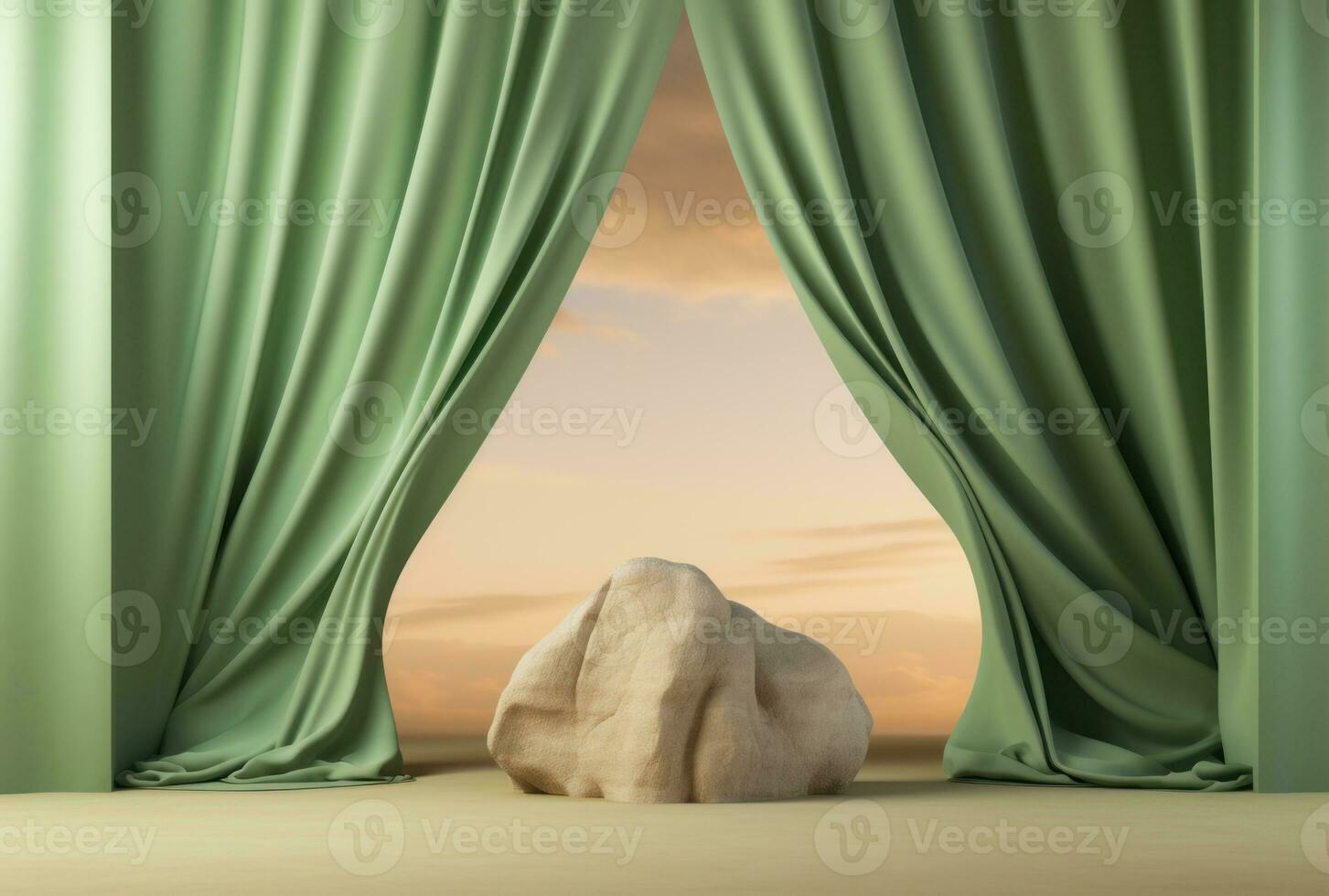 3D background, stone pedestal podium on natural beige, pastel green backdrop AI Generated. photo