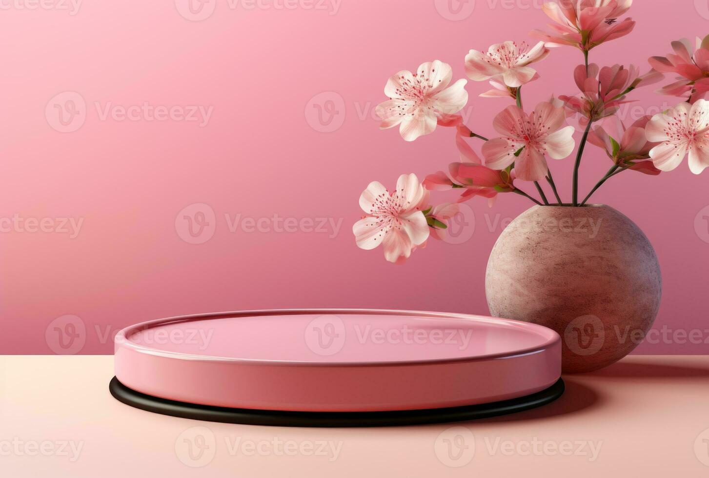 3D background, pink podium. Round display, pink flower AI Generated. photo