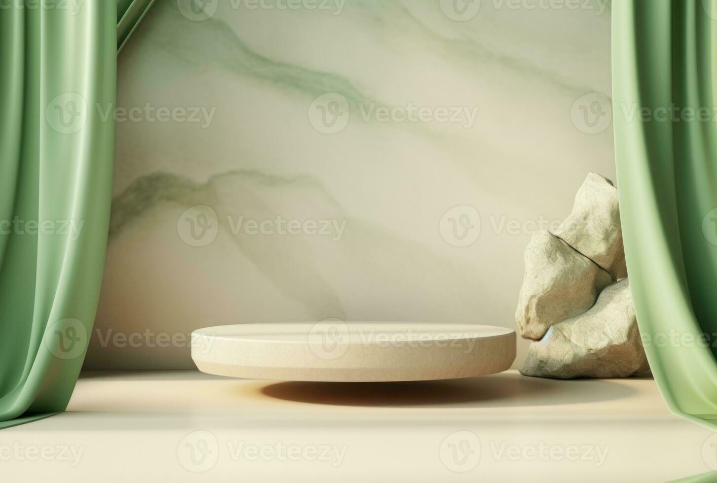 3D background, stone pedestal podium on natural beige, pastel green backdrop AI Generated. photo