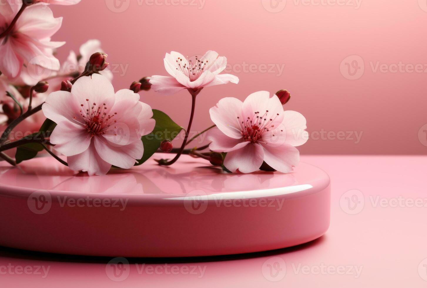 3D background, pink podium. Round display, pink flower AI Generated. photo
