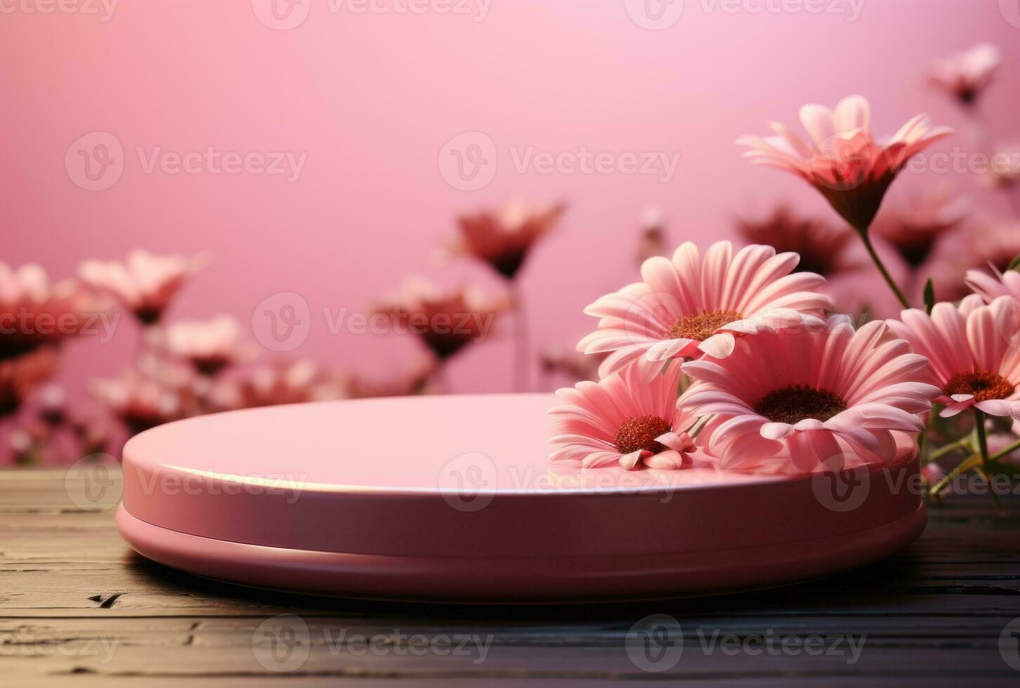 3D background, pink podium. Round display, pink flower AI Generated. photo