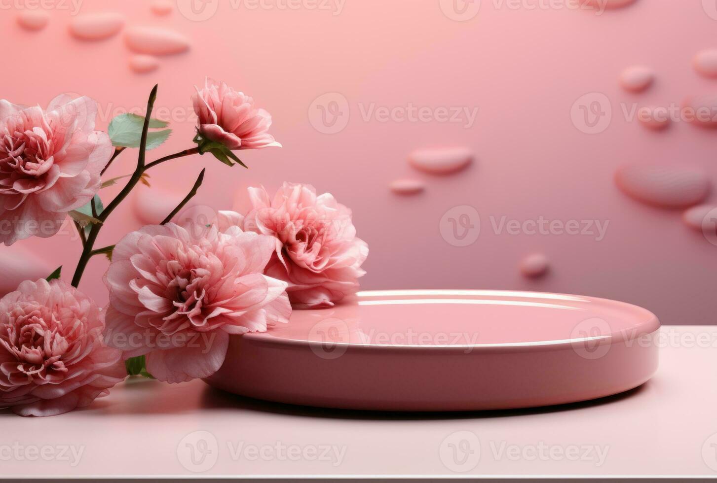 3D background, pink podium. Round display, pink flower AI Generated. photo