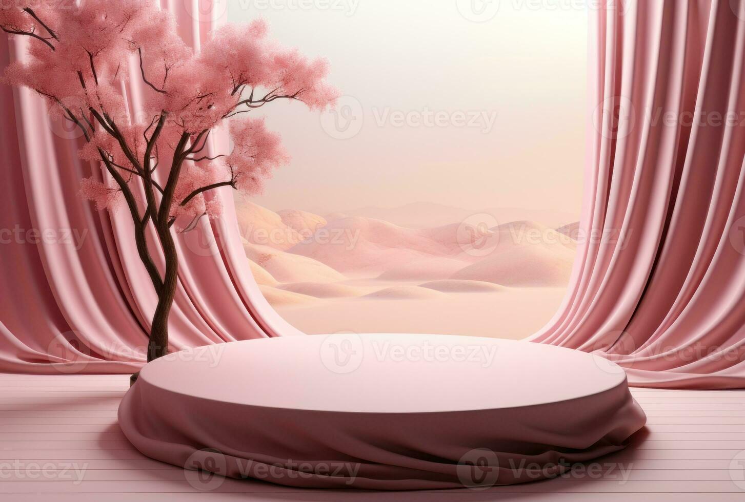 3d fondo, Roca pedestal podio en natural pastel rosado fondo ai generado. foto