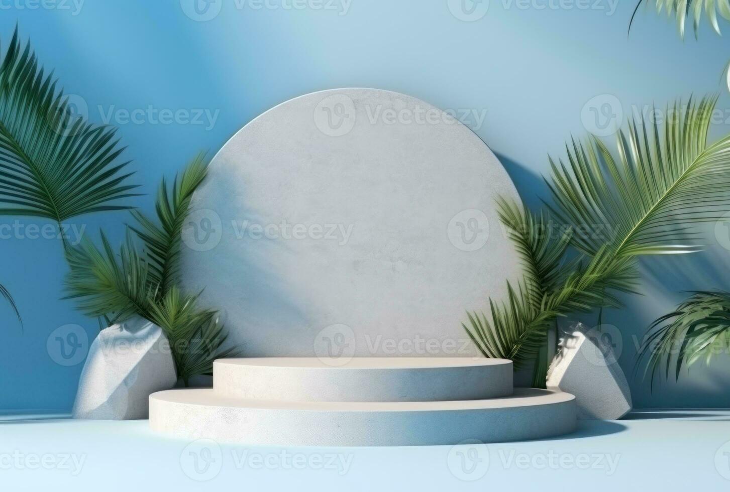 3D background, stone podium display set on blue backdrop with curtain and palm shadow Generative AI. photo