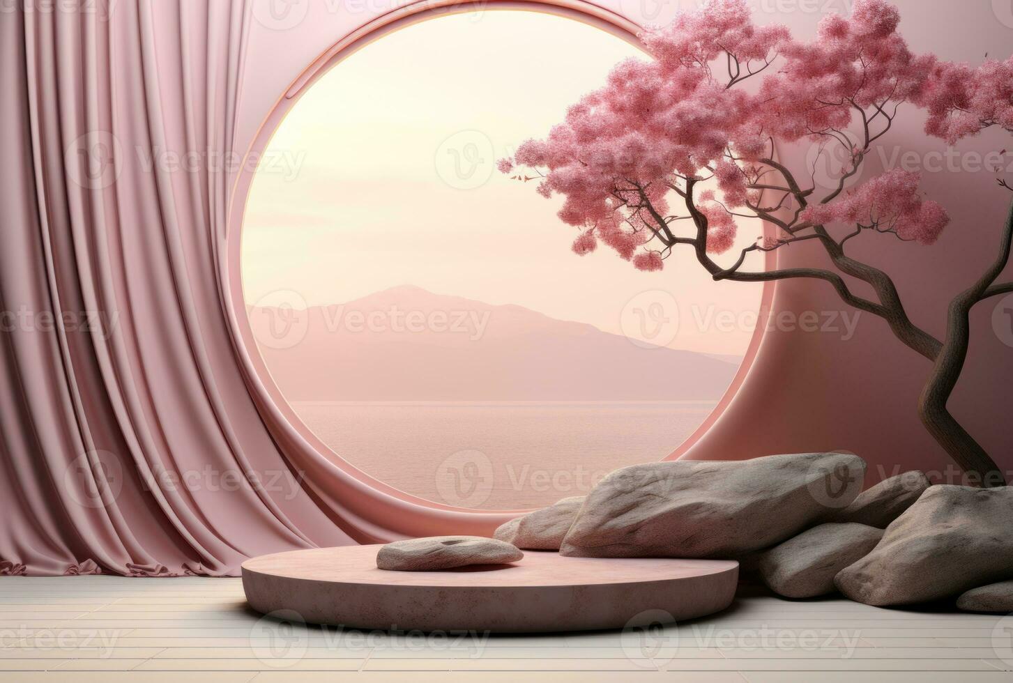 3D background, stone pedestal podium on natural pastel pink backdrop AI Generated. photo