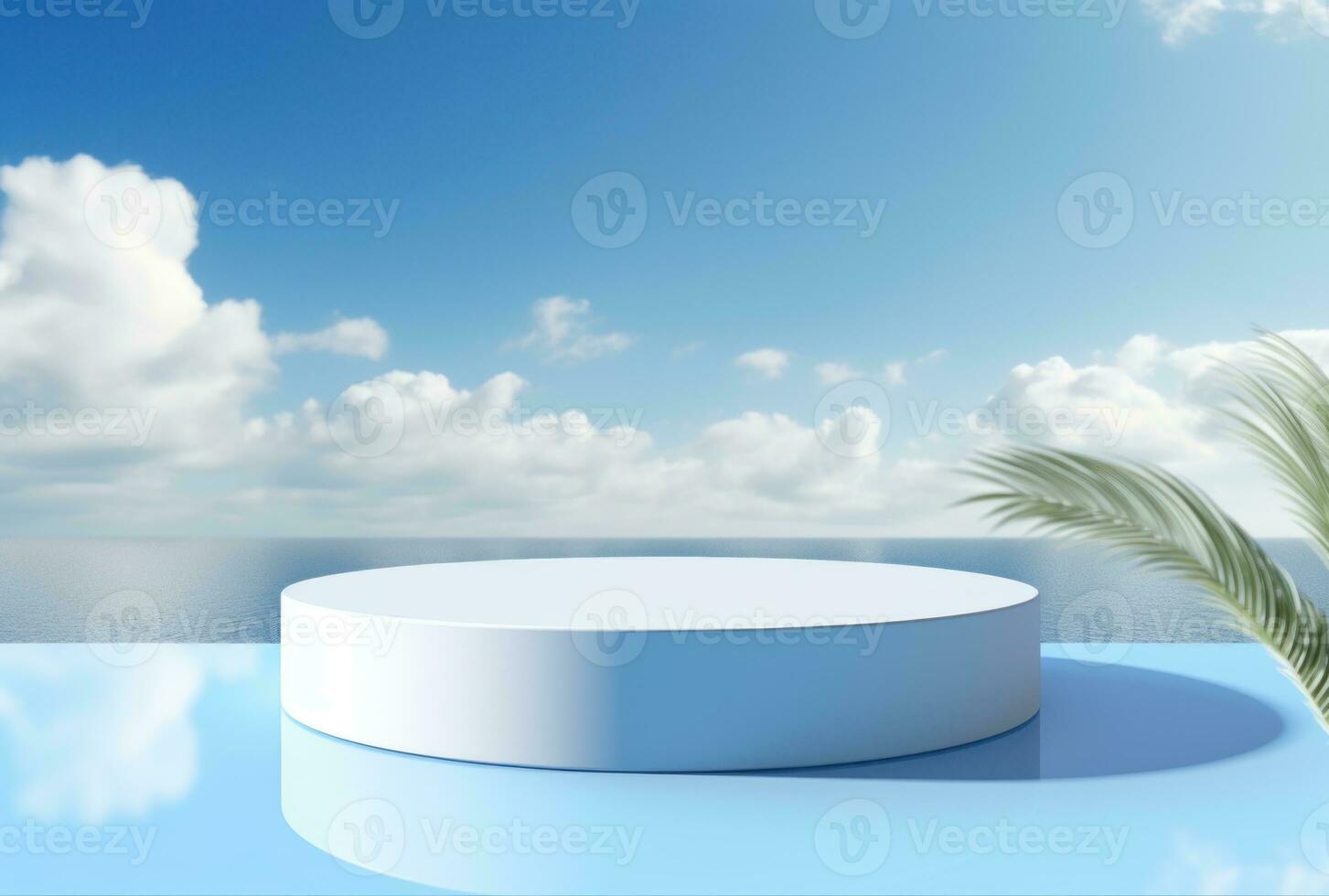 3D podium blue display on water with white cloud AI Generated. photo