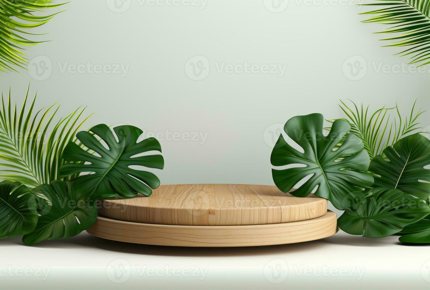 3D podium wood display white background with green monstera palm leaf AI Generated. photo