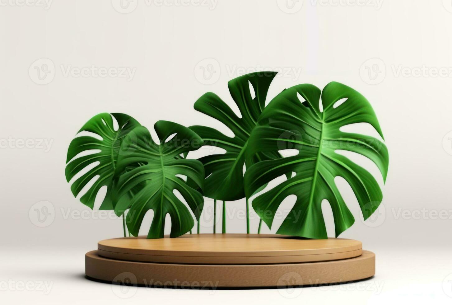 3D podium wood display white background with green monstera palm leaf AI Generated. photo