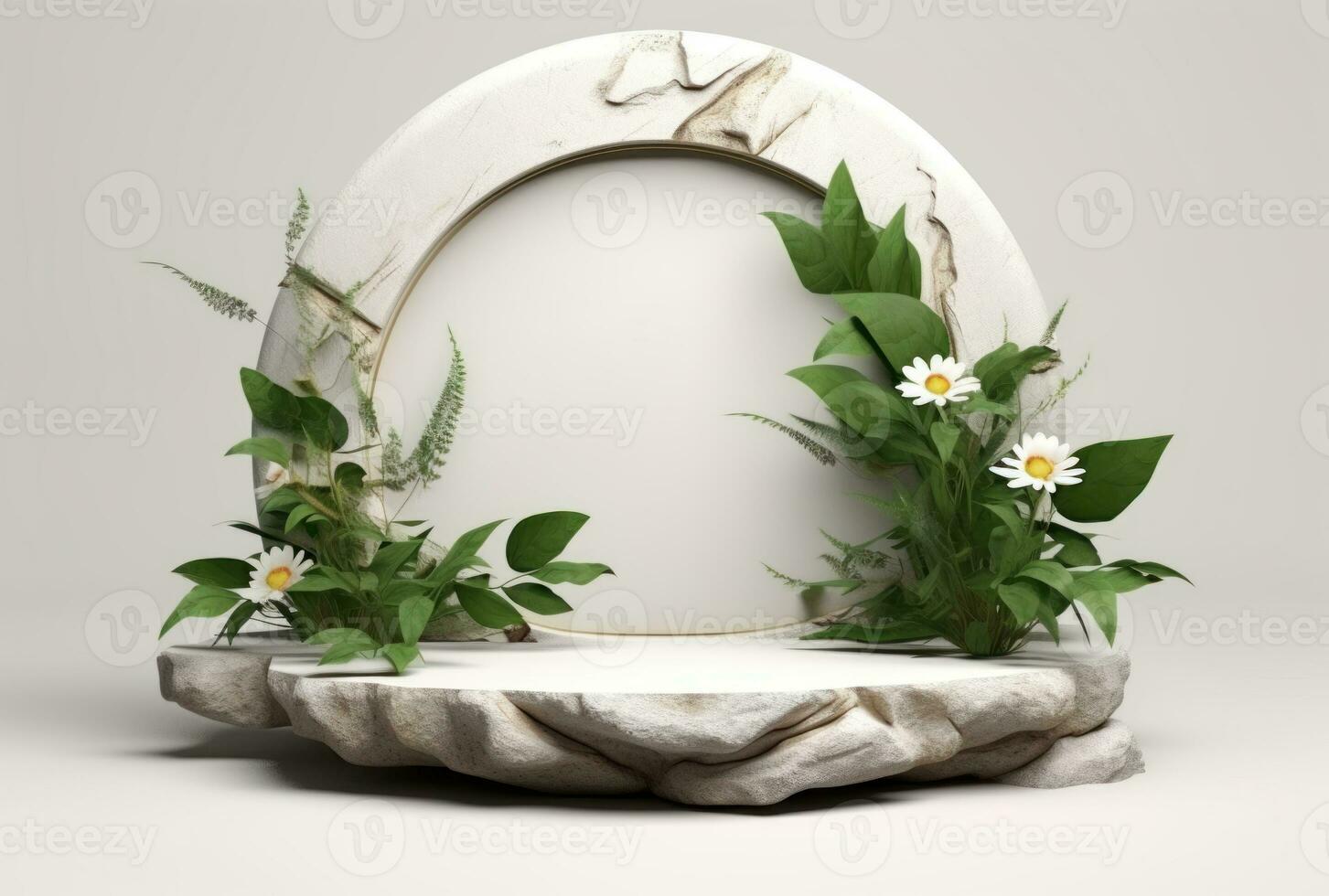 3D display podium white background and stone. Flower with green leaf and rock AI Generated. photo